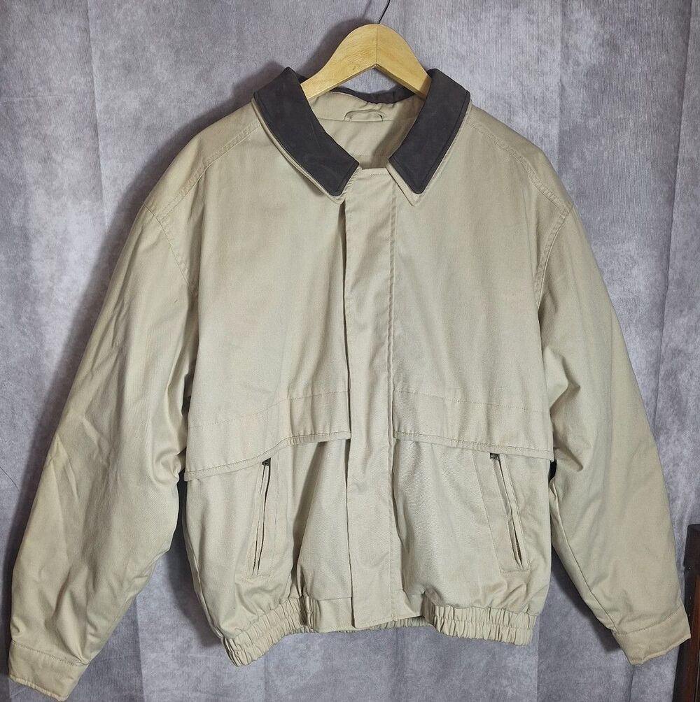 Roundtree & Yorke Outdoors Mens Large Jacket Full Zip Flannel Lined Beige Coat